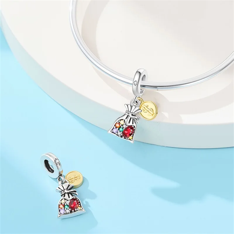 925 Sterling Silver Lucky Wealth Dangle Charms God of Fortune Money Bag CZ Zircon Beads for Women DIY Bracelet Jewelry Gift