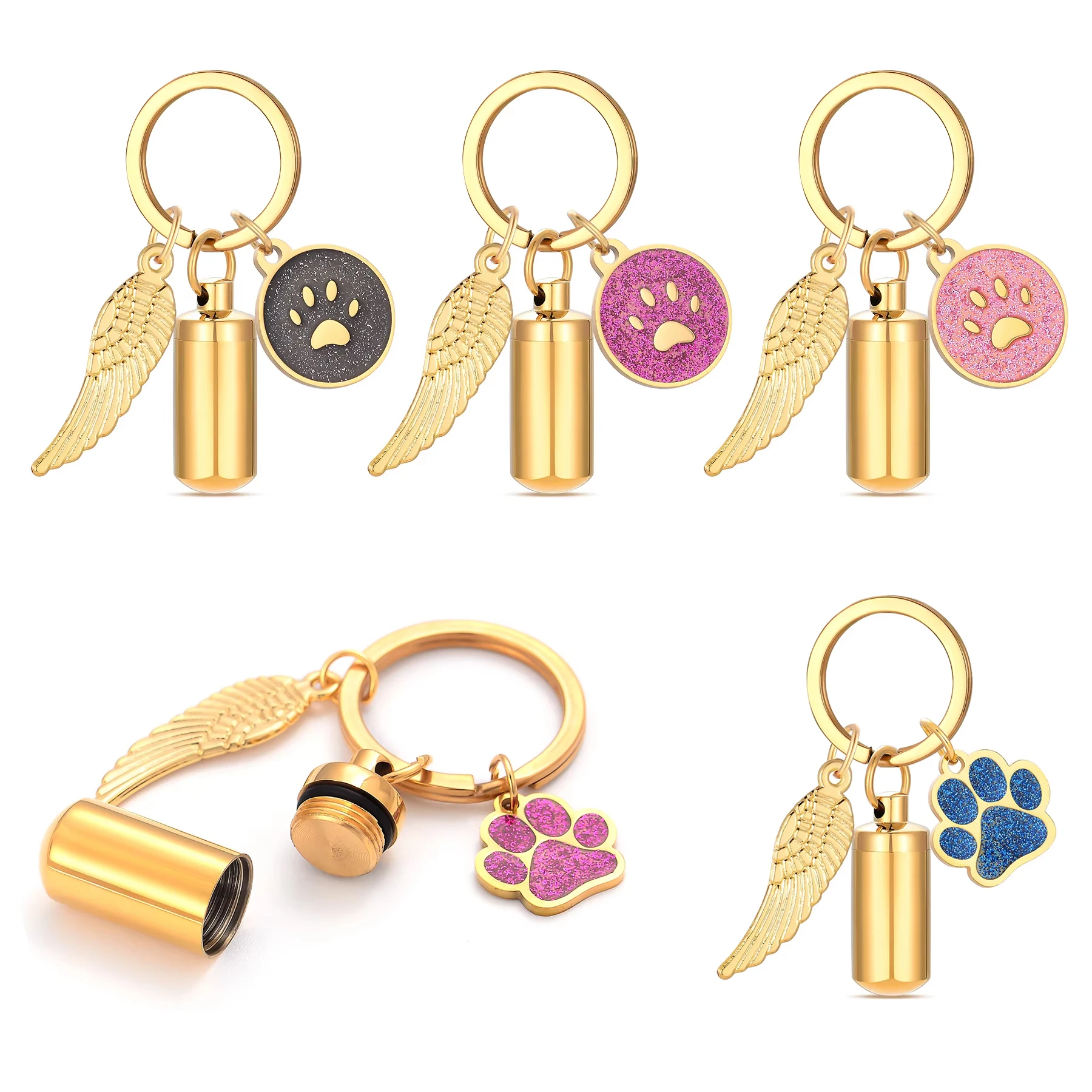 Stainless Steel Cylinder Urn Keychain with Paw Print Wing Pendant Cremation Memorial Pet Cat Dog Ashes Keepsake Gift