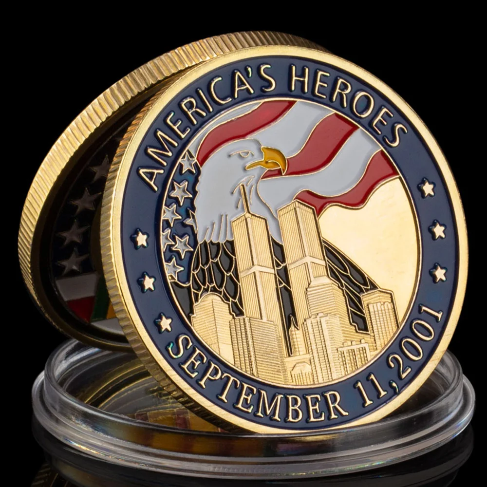 Gold Plated American Heros September 11 2001 Souvenir Coin Bald Eagle,world Trade Center Pattern Collectible Commemorative Coin