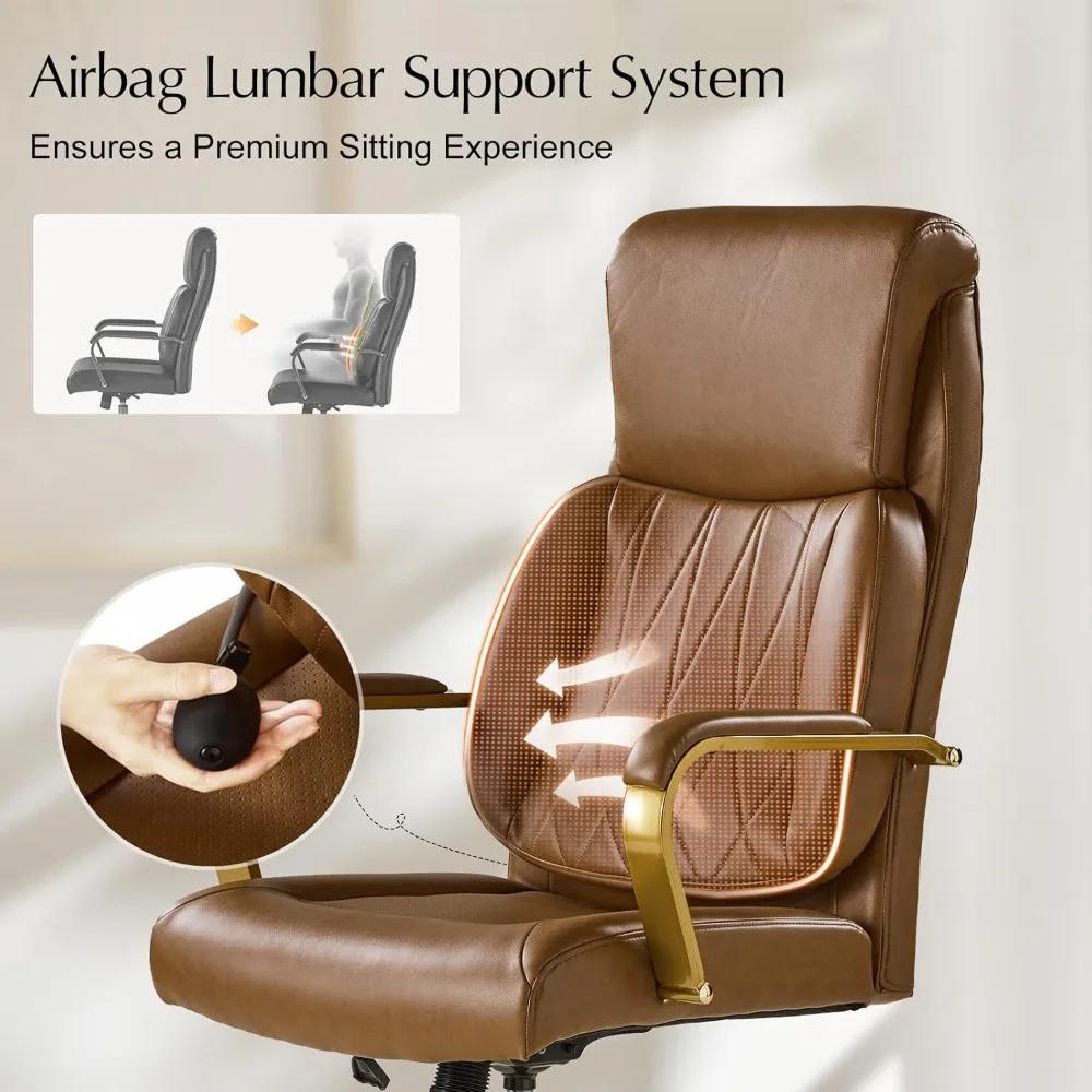 HULALA Home Executive Office Chair, Adjustable Airbag Lumbar Support, Modern Leather Ergonomic Office Chair with Padded Armrests