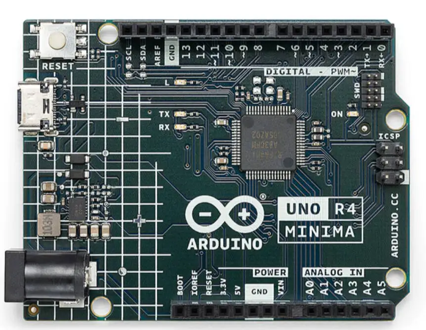 

Arduino UNO Rev4 Minima, 32-bit microprocessor, Arm® Cortex®-M4, 12-bit DAC, CAN BUS, and OP AMP, 6-24V, SWD connector, HID supp