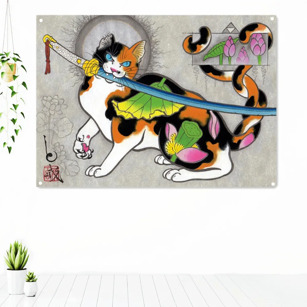 Samurai Cat Tattoo Wall Art Poster Japanese Traditional Ukiyo-e Banner Flag Hang On The Wall 4 Grommes Tapestry Canvas Painting