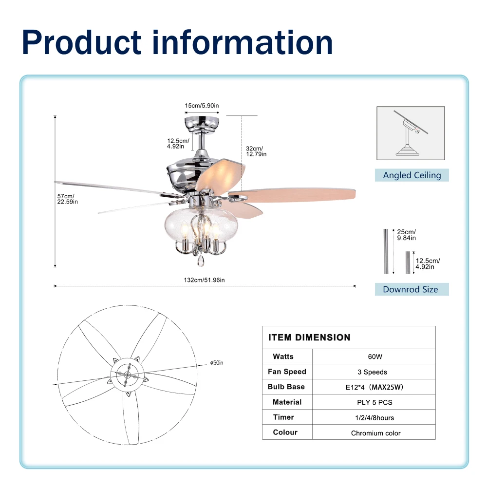 Ventilatore da soffitto cromato da 52 pollici con telecomando e luce Motore reversibile a 3 velocità per soggiorno, sala da pranzo, camera da letto, cucina, stanza degli ospiti