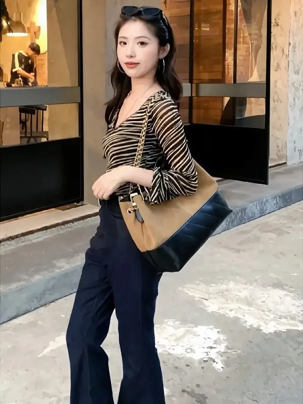 플러스 사이즈 슬리밍 블라 스트라이프 롱 슬리브 티셔츠 여성용 가을 패셔너블 허리 조임 탑 고급스러운 느낌 출퇴근룩