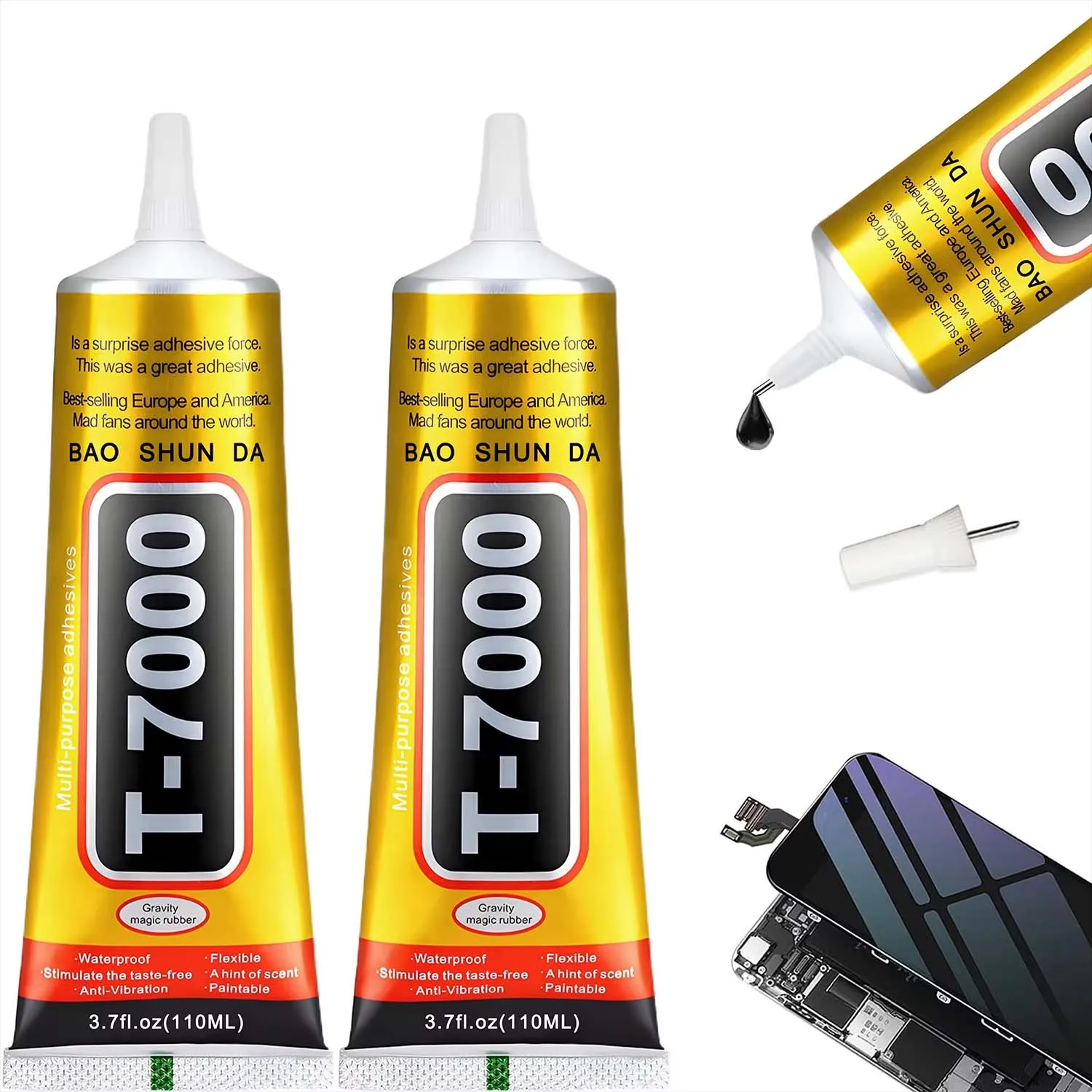 T-7000 Black Soft Adhesive T-7000 Repair Frame for Computer Touch Screen and mobile phones Anti-Vibrating Universal Glue Tablet Repair Sticker 15/25/50/110 ml, includes precision syringe.