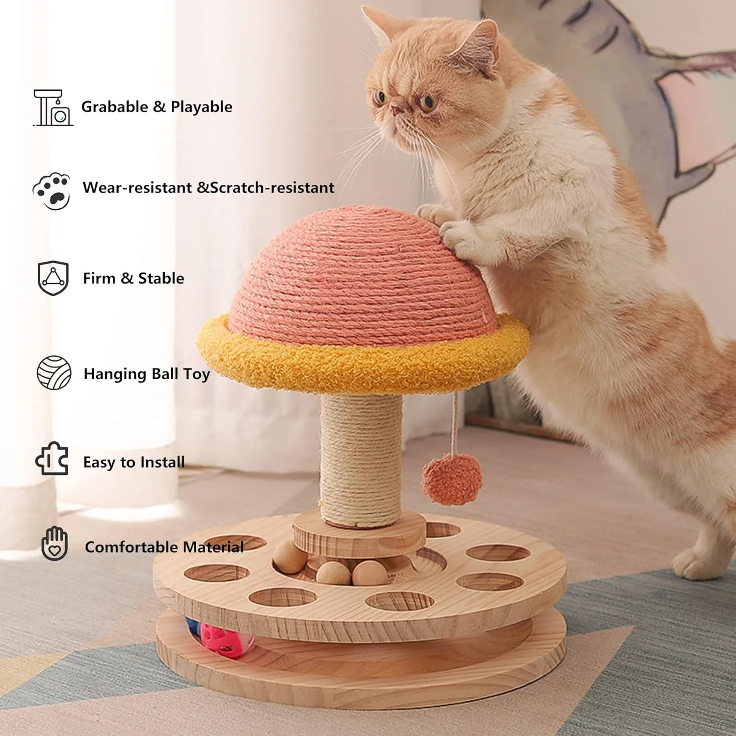 Scratching Post with Hanging , Turntable  Toy, Mushroom Sisal Scratcher,Kitten 2 Layer Wooden Track Spinning Balls,Fun Turntable