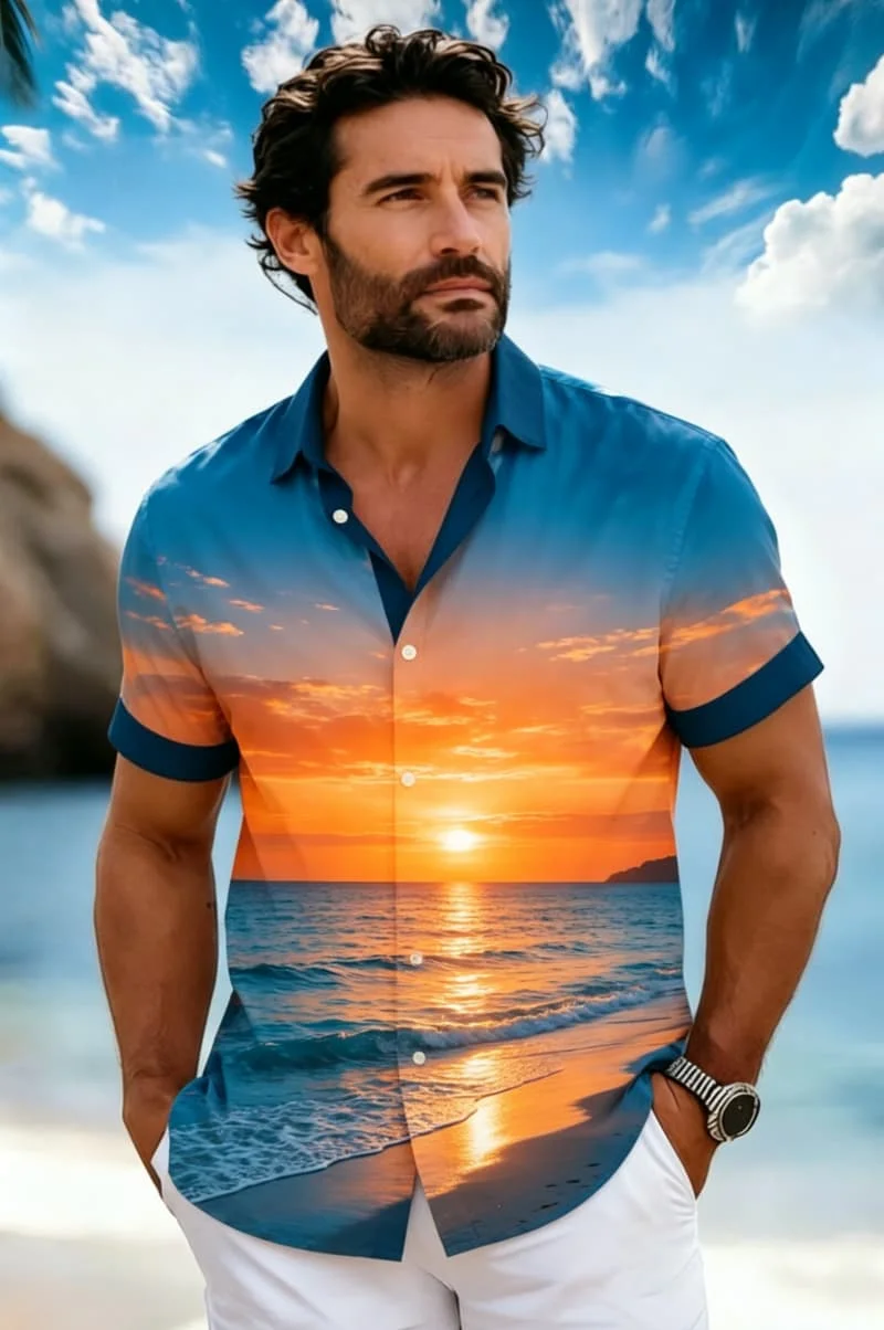

Men's Sunset Coastal Print Shirt, Timeless Hawaiian Style for Summer Holiday, Beach Trips, Daily Outings & Casual Wear
