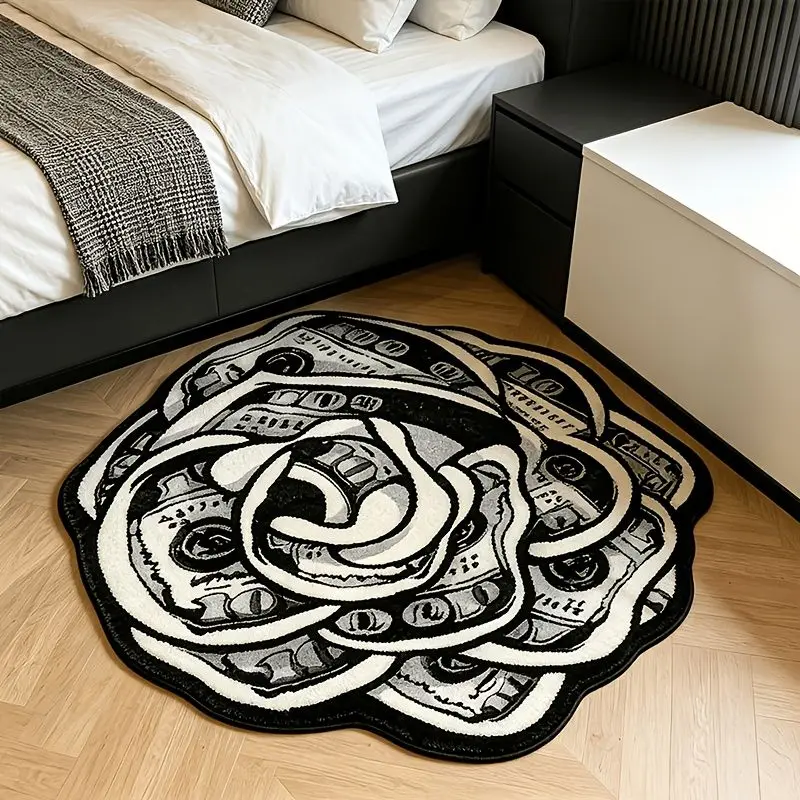 VIKAMA Money Rose Shaped Rug Dollar Bill Black White Skid Resistant Fluffy Plush Living Room Floor Rug Decor Soft Plush Rug