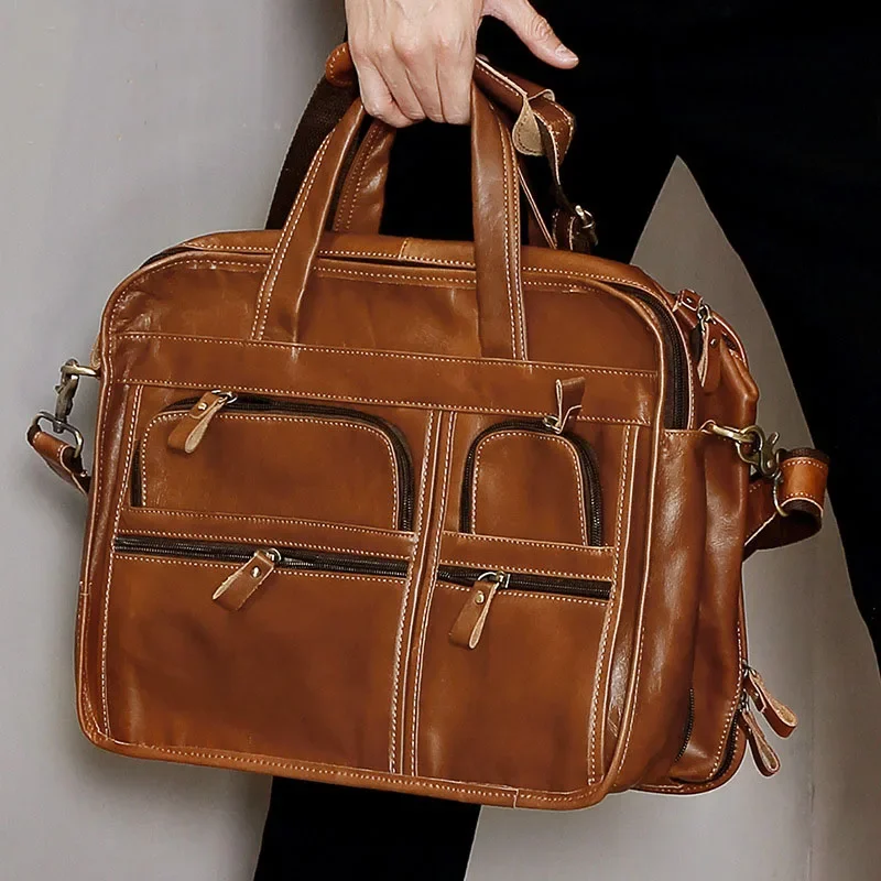 Luxury Men's Handbag Leather Business 14 Inches Laptop Briefcase Shoulder Bag Vintage Travel Genuine Leather Work Messenger Bags