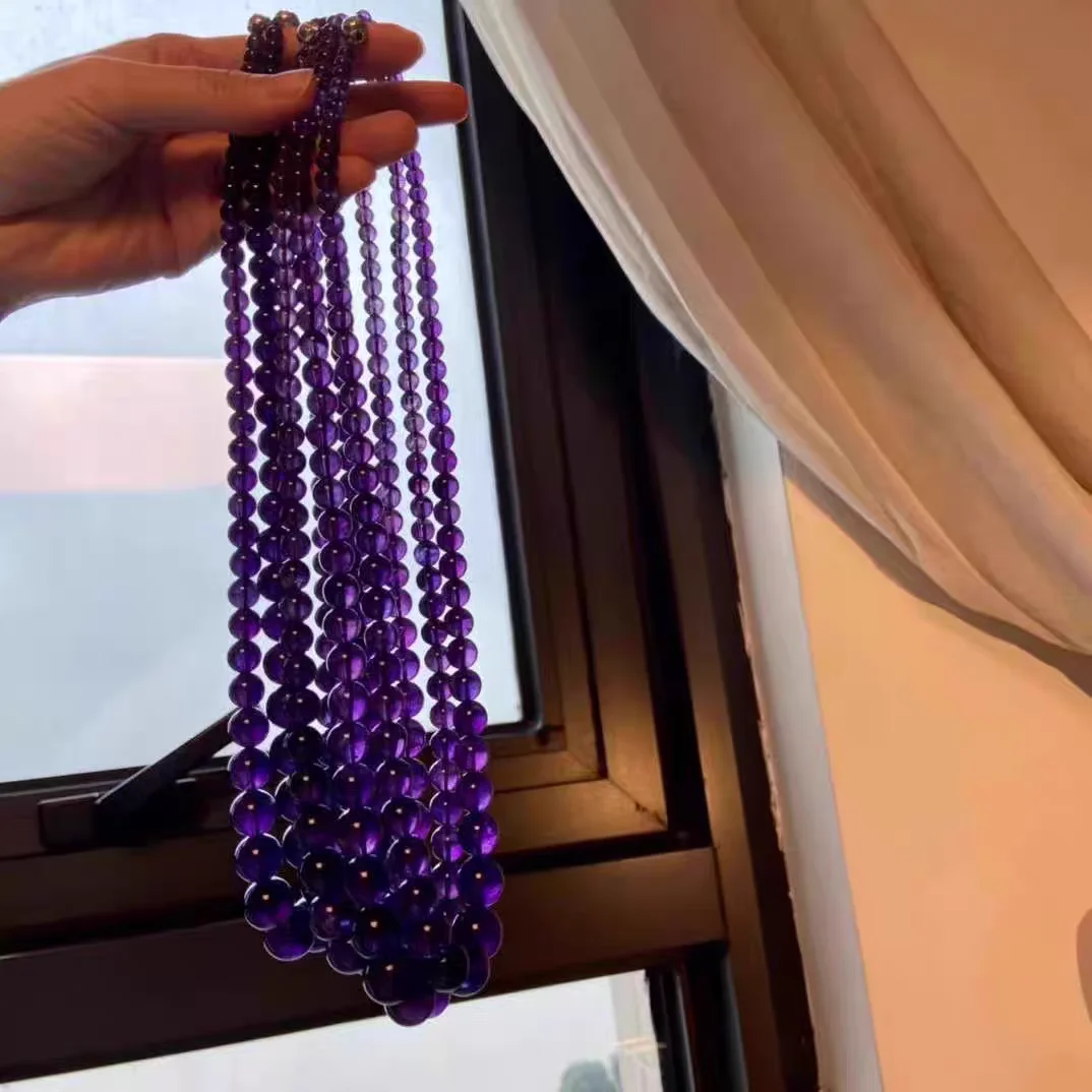 Natural Purple Amethyst Bead Necklace 5-10mm Round Beads Chain Pendant Natural Amethyst Necklace AAAAAA