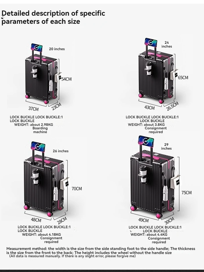 Suporte de copo com zíper de roda giratória leve de 24 polegadas, mala de viagem para estudantes, mala de embarque, mala de 20 polegadas