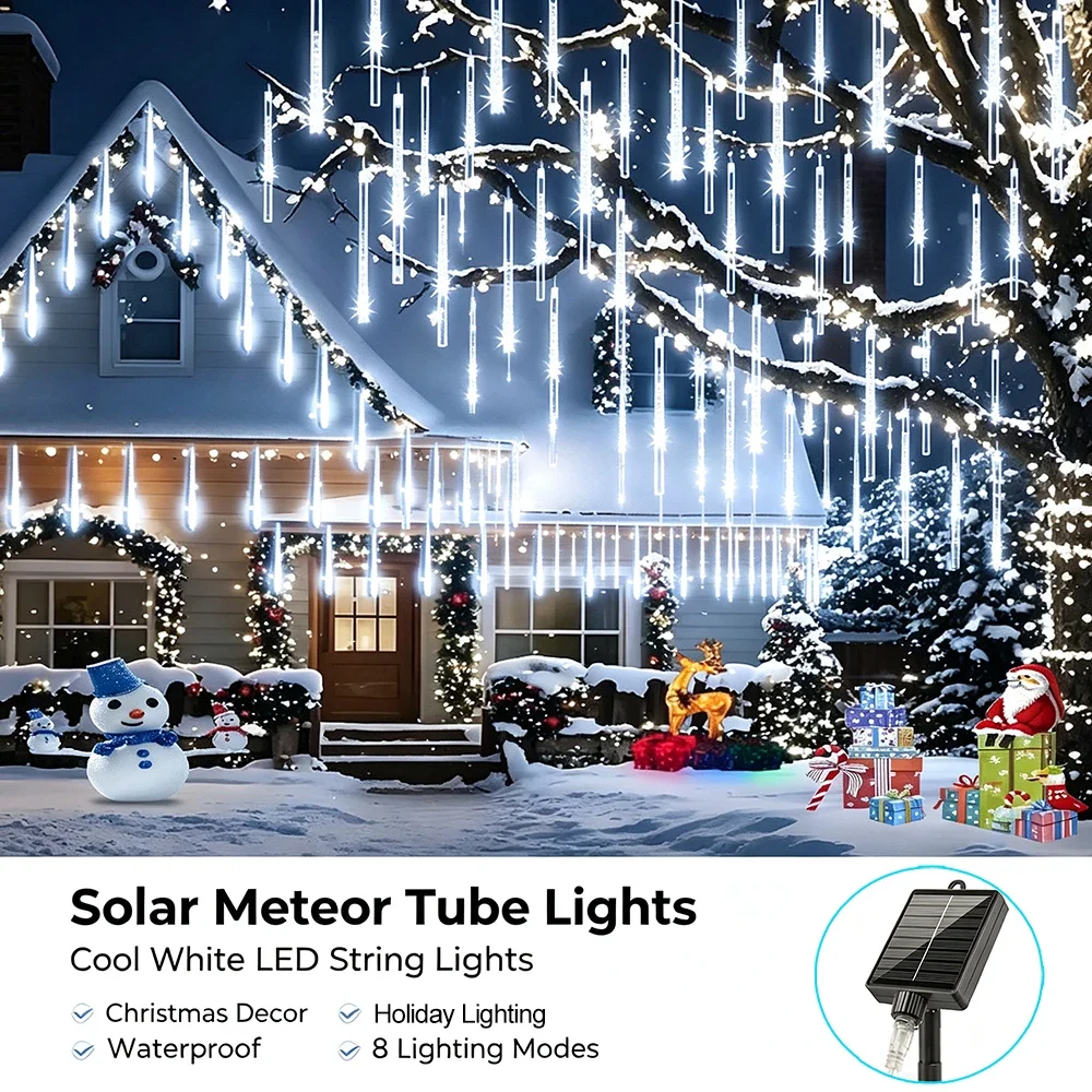 Solar Meteor Shower Rain Lights IP65 Waterproof LED Falling Rain String Lights 8 Tubes 144 LEDs Halloween Christmas Party Decor