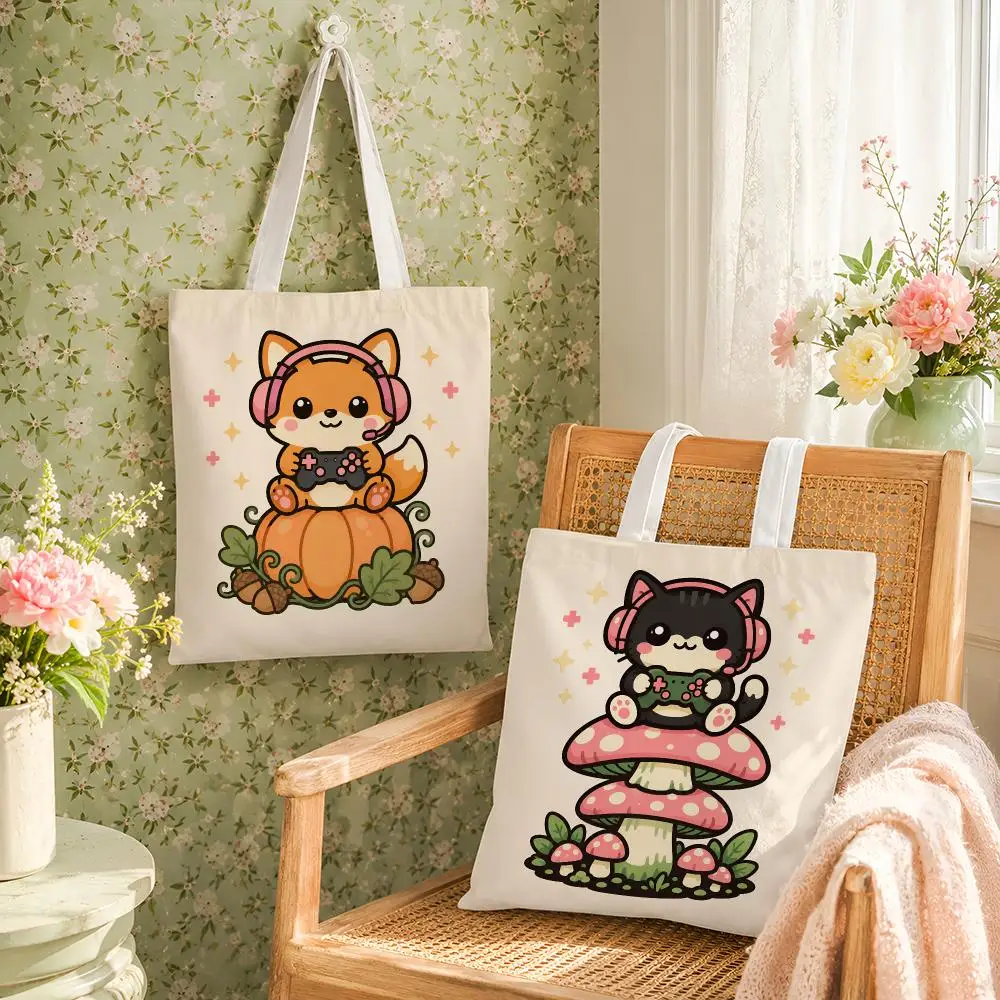 Kawaii Gamer Animals Storage Bags Reusable Canvas Tote Large Capacity Shoulder Carry For Shopping Travel Work School