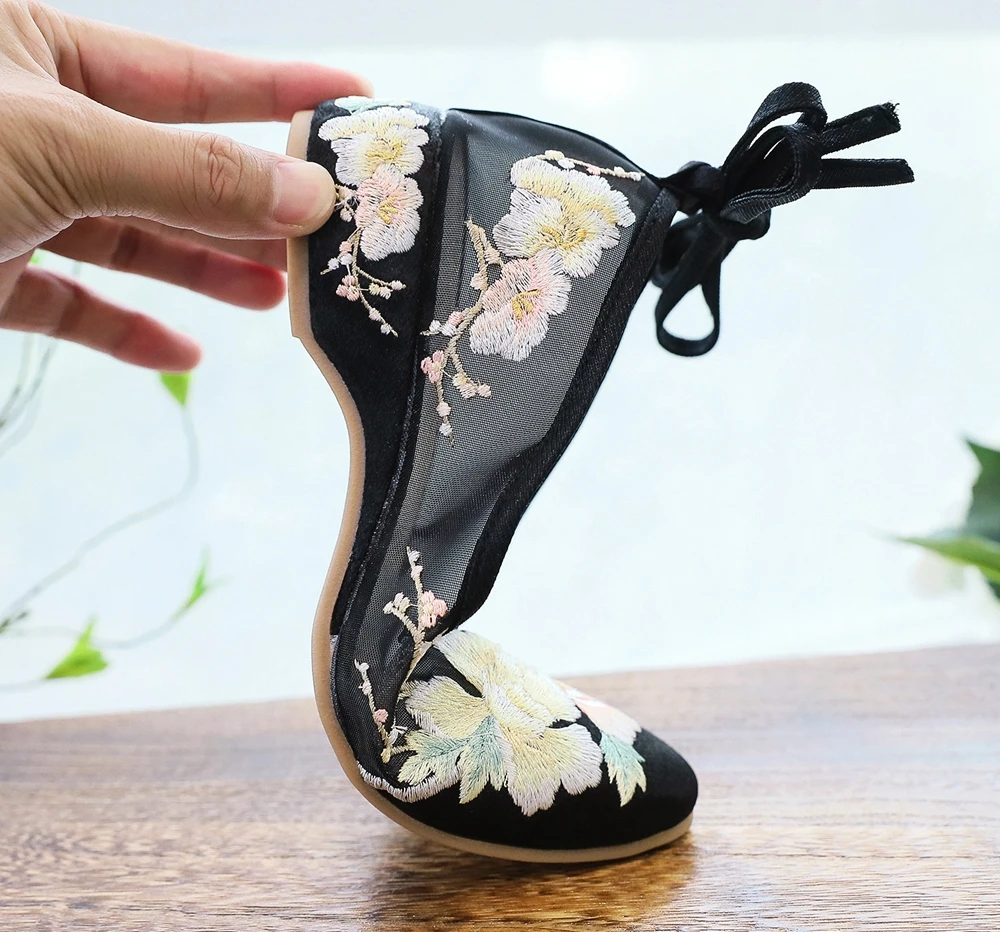 Veowalk Long Ankle Strap Summer Women Gauze Mesh Embroidered Ballet Flats Breathable Comfortable Walking Shoes for Elegant Lady
