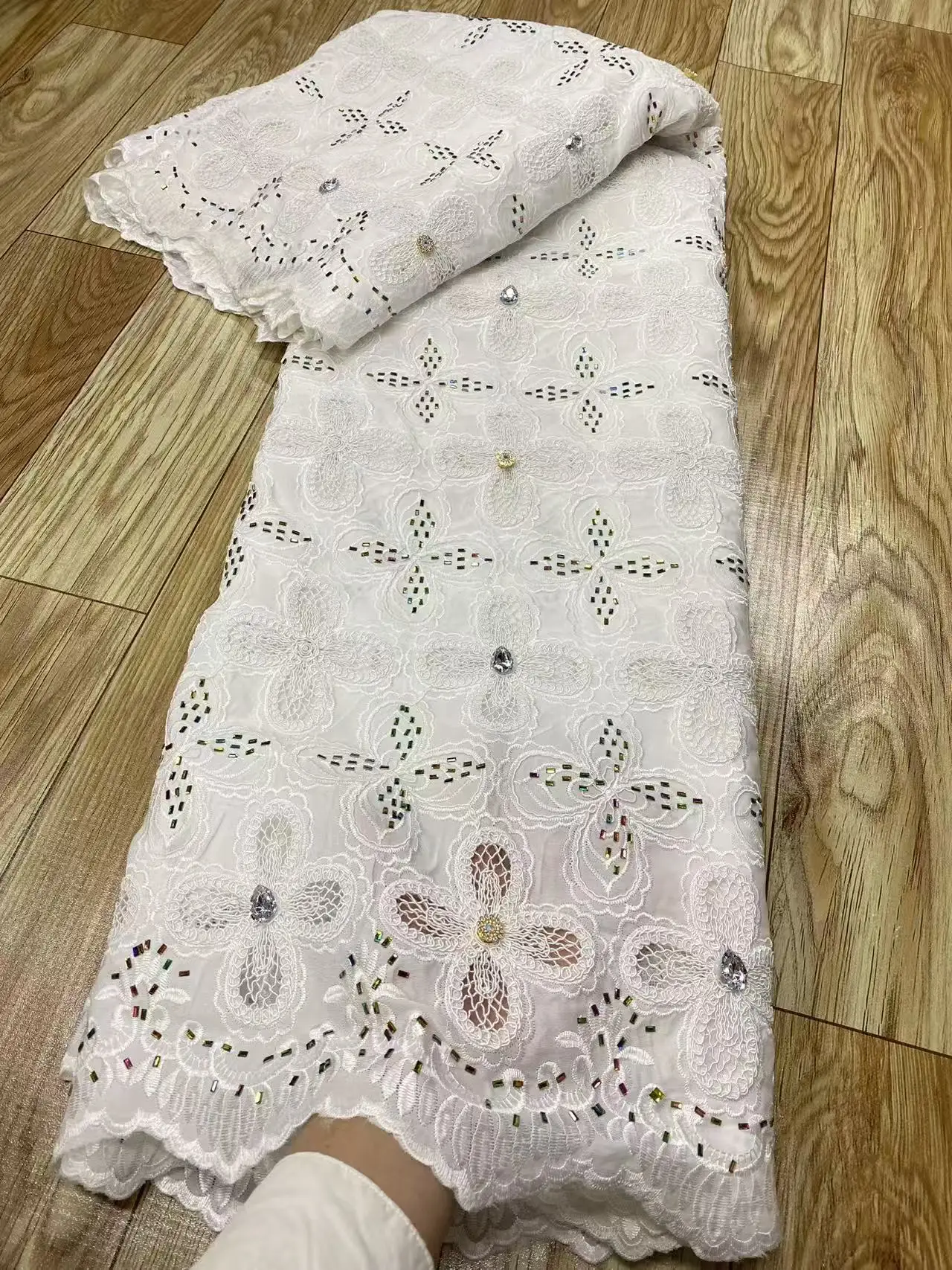 

Luxury Laces On Sale 5 Yards Dubai Chiffon Lace Fabric White Lace Fabric 2025 High Quality With Stone Cord Lace For Dress H163-1