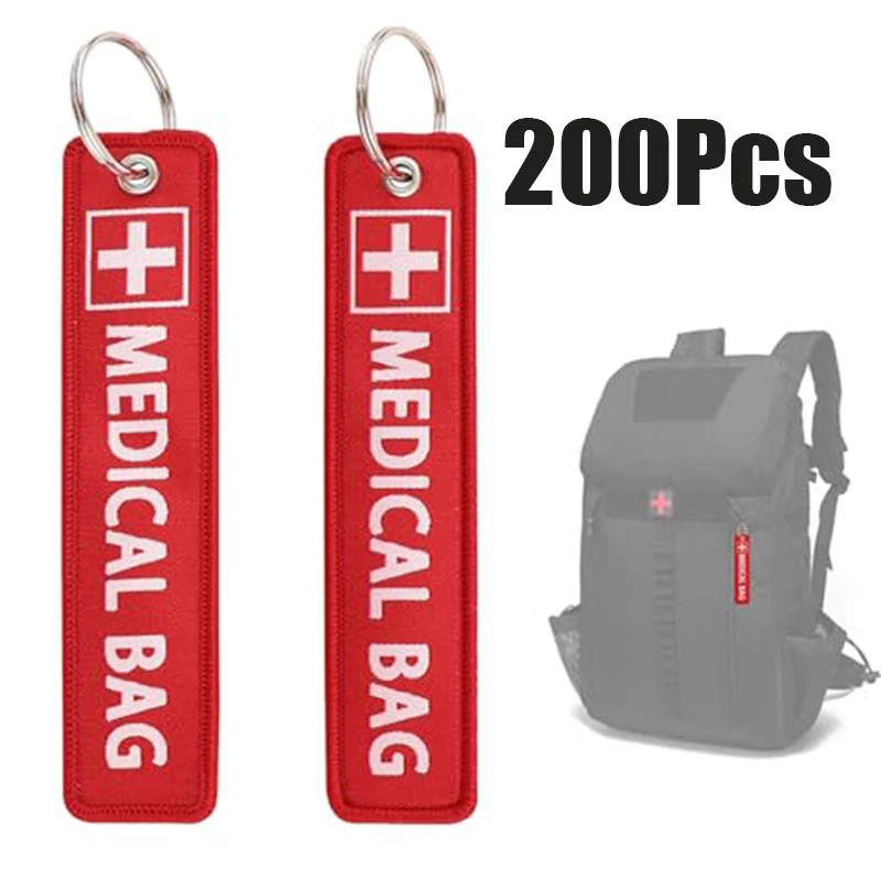 200Pcs Emergency Backpack Marker MEDICAL BAG Embroidered Keychain Strap Red Cross Alert Label Travel Luggage Accessory