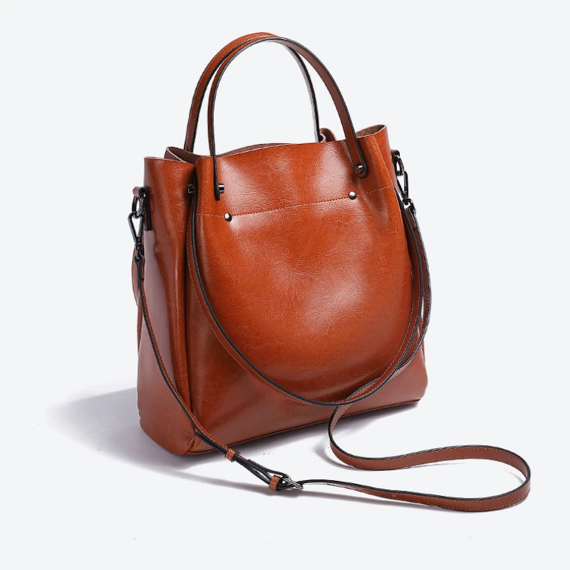 Women\'s Shoulder Bag High-capacity Casual Tote Oil Wax Cowhide Leather Handbag Lady Commuting Bucket High Quality Messenger Bag