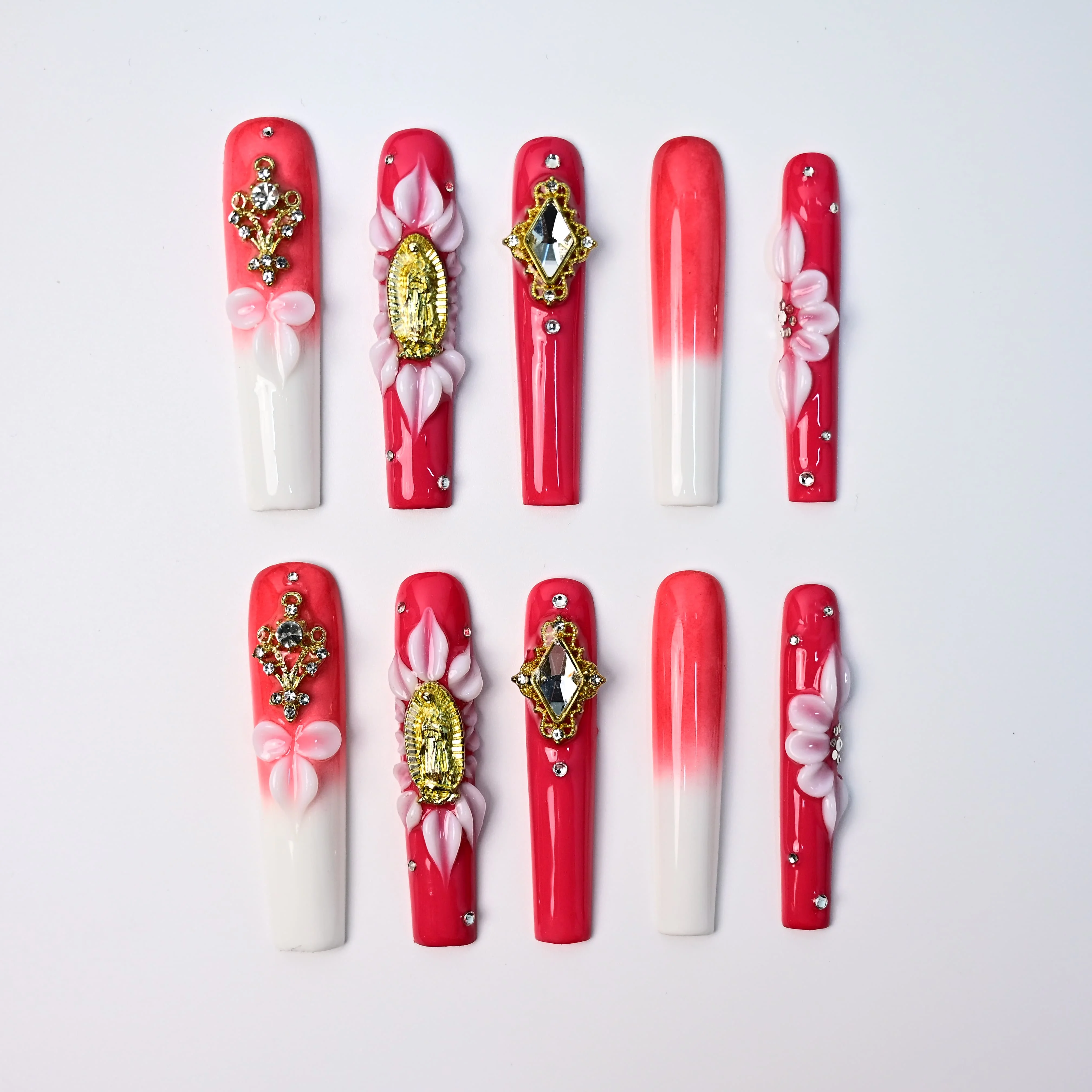 

Handmade Luxury Long Square Press On Nails, Artisan Design with 3D Flower Details + Intricate Gold Decorative Embellishments + D