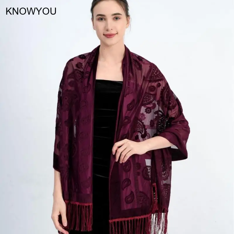 Burgundy Elegant Echarpe Ethnic Style Velvet Jacquard Shawl Versatile Long Fringed Fashion Scarf Warm Air Conditioner Pashmina
