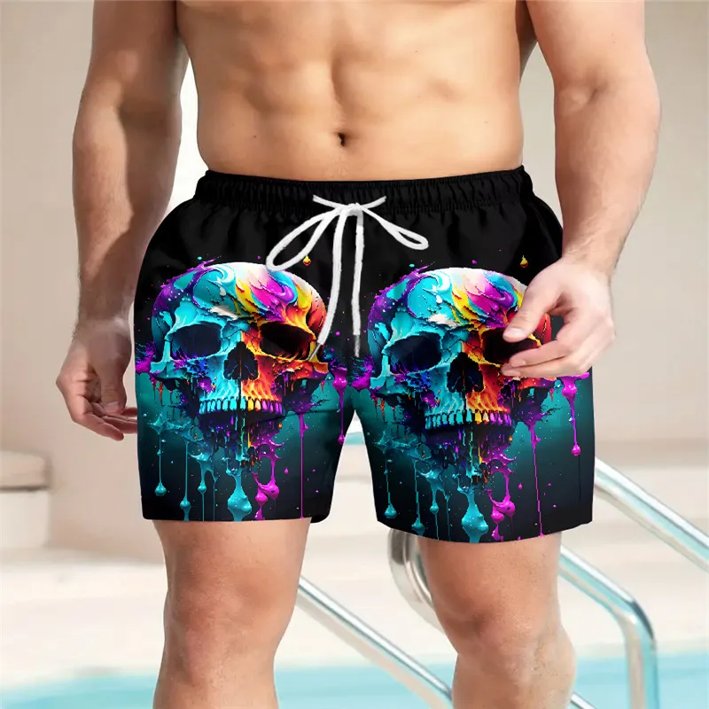 

Мужские шорты для плавания больших размеров с рисунком черепа — яркий синий и фиолетовый дизайн, повседневная пляжная одежда, неэластичная ткань, свободная посадка для
