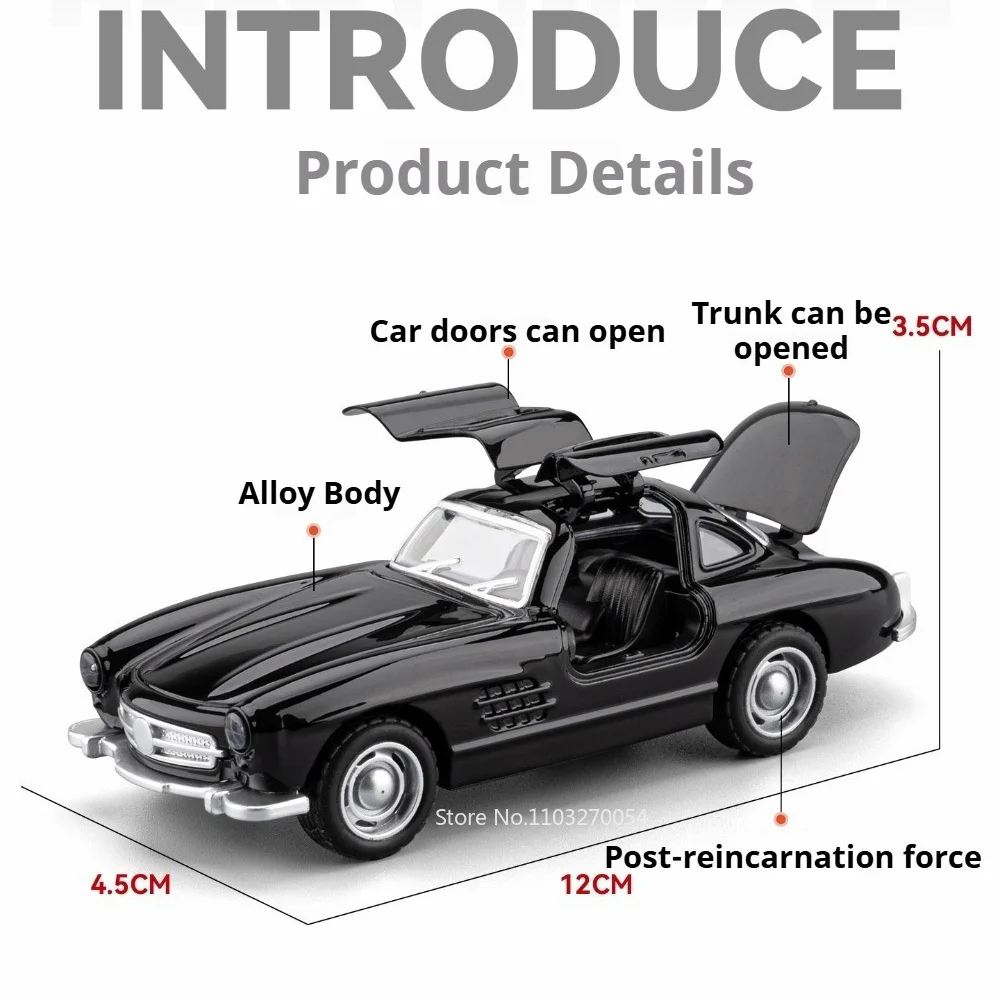 1:36 Alloy 300SL Diecast Toy Car Model Doors Can Be Opened Rubber Tire Metal Body Miniature Vintage Cars Office Decor Items Gift