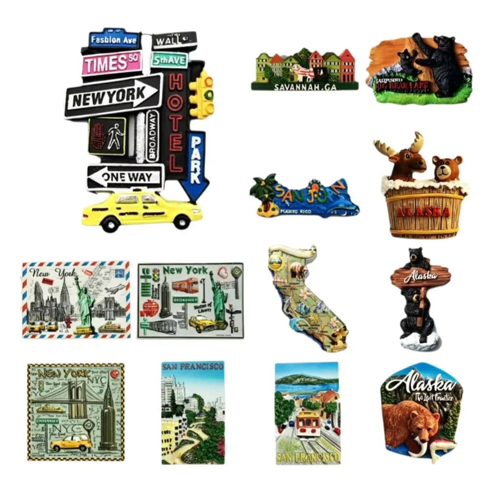 USA City Fridge Magnet New York Taxi Alaska Bear San Francisco Cable Car US Travel Souvenir Home Refrigerator Decor