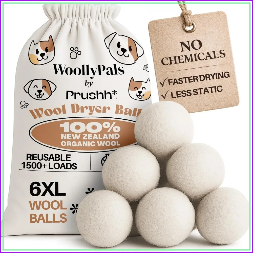 XL Dryer Balls (6-Pack) - 100% New Zealand Wool - Eco-Friendly, Reusable, Softens Laundry & Reduces Static - with Storage Bag