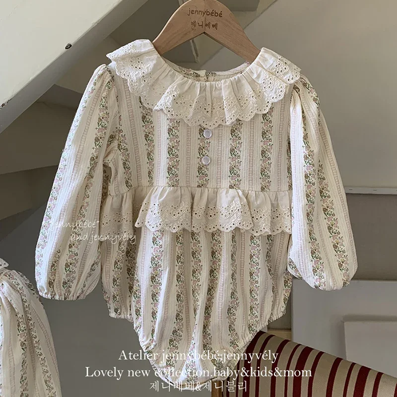2024 New Autumn Infant Baby Girls Jumpsuit Long Sleeved Cotton Flower Print Korean Style Climbing Suit 0-24M Children Clothes