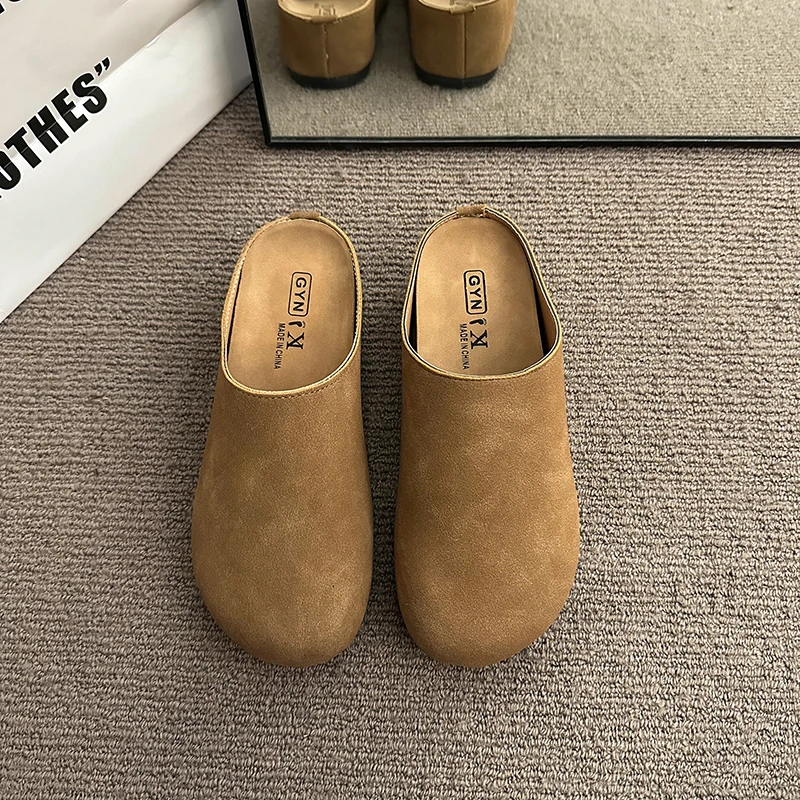 New Women\'s Slippers Closed Toe Round Toe Suede Clogs Sandals Autumn New Retro Solid Color Flat Bottom Women\'s Slingback Shoes