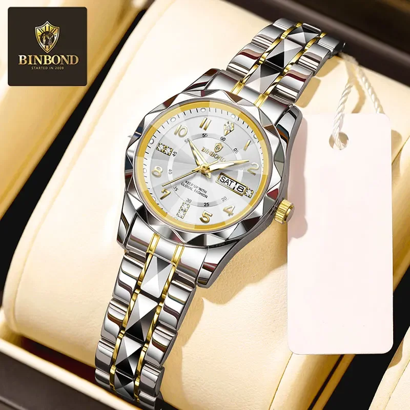 BINBOND Top Brand Luxury Fashion Business Women's Quartz Watches 30M Waterproof Week Date Clock Sport Ladies' Wristwatch