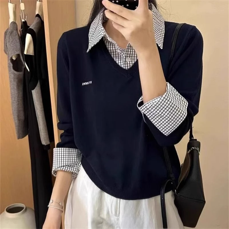 Suéter de malha com gola alta, duas peças falsas, europeu, longo, comprimento regular, cardigã de inverno