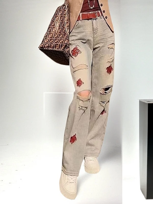 

Retro Street Sle Wide Leg Pants Embroidered Red Flower Denim Jeans Women's High Waist Casual Spring Break Hole Jeans
