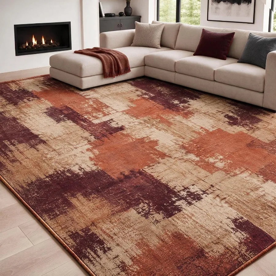 8x10 Washable Modern Abstract Area Rug for Living Room Orange Red