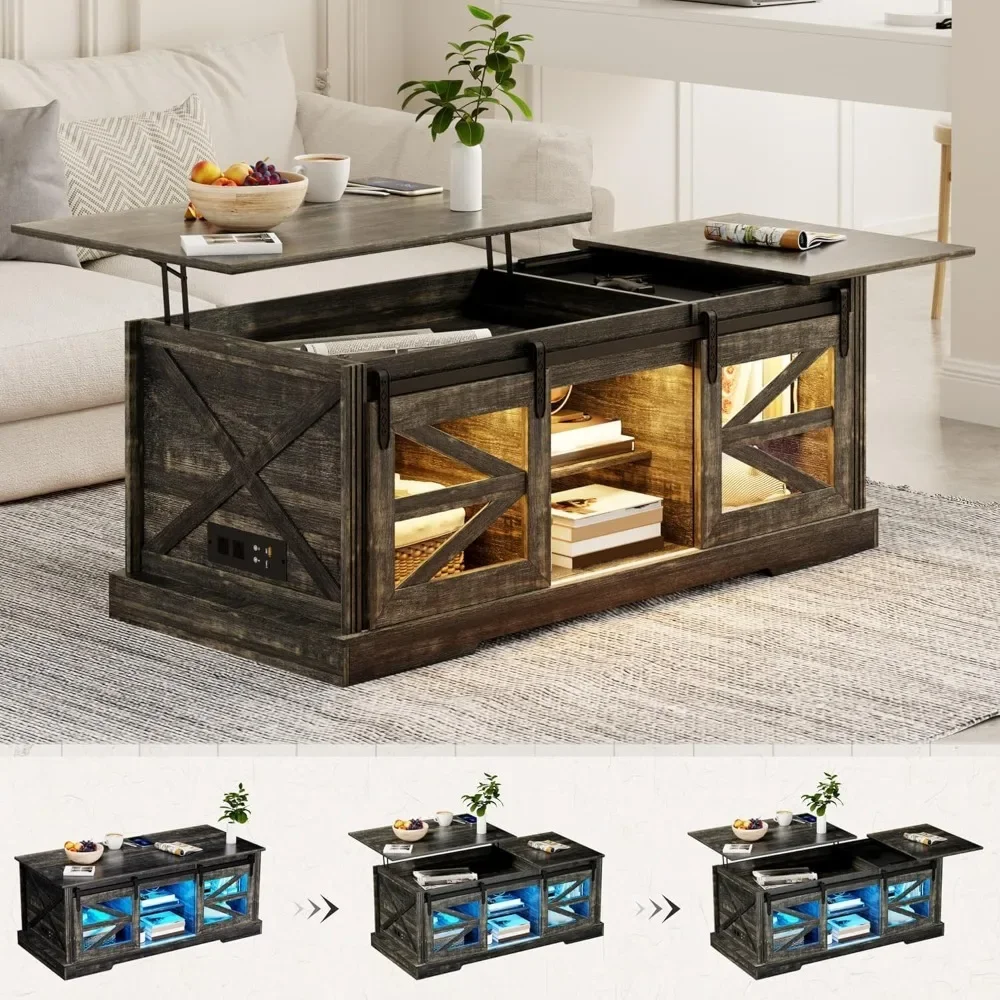 

Farmhouse Coffee Table|Lift Top Coffee Table with Gun Cabinet| 2 Sliding Barn Doors-Large Storage and 3 Color LED Lights fit
