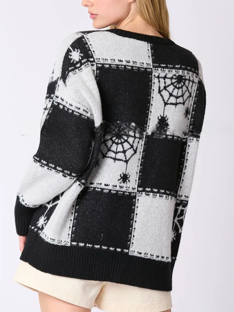 Yangelo 2024 Halloween Spider Web Plaid sweter z wycięciem pod szyją damski Y2K jesienno-zimowy nowy ciepły sweter z dzianiny