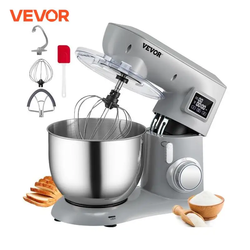 VEVOR 450W Electric Dough Mixer All Metal Stand Mixer with 6 Speeds LCD Screen Timing Tilt-Head Food Mixer Splash-Proof Cover