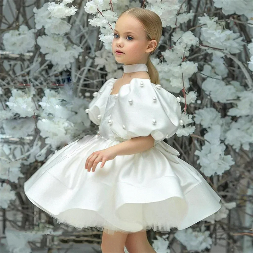 Abito da ragazza di fiori in raso rosa per matrimonio con perle con fiocco Principessa gonfia Regalo di compleanno per bambini Ballo per feste Prima Comunione G