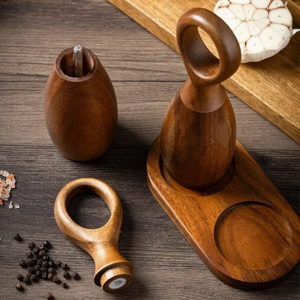 2pcs Ceramic Core Acacia Wood Pepper Grinder Adjustable Particle Size Nordic Style Pepper Salt Grinding Bottle with Storage Base