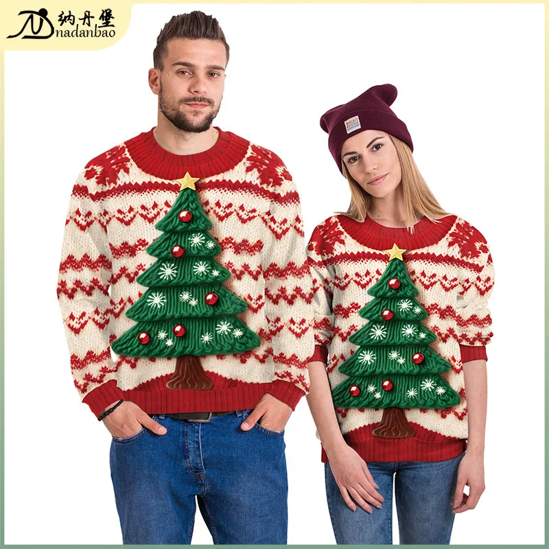 Sudadera con capucha de cuello redondo con estampado de árbol de Navidad y estampado Digital, traje de pareja para hombres y mujeres