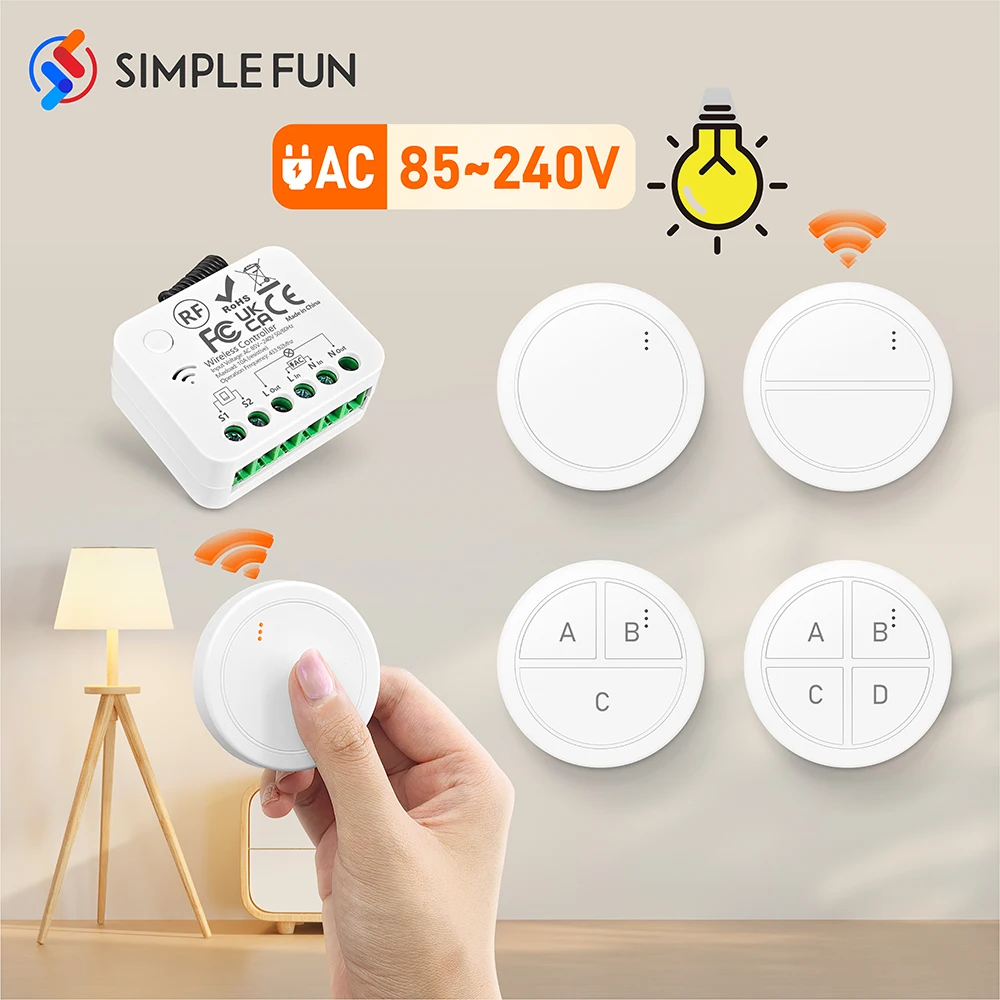 

RF 433Mhz Wireless Remote Control Smart Light Switch 110V 220V 230V 10A Mini Relay Module Mini Wireless Wall Push Button Switch