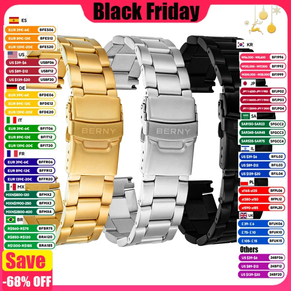 Strap 20mm Easily Installed Solid Stainless Steel Watch Band Foldover Clasp with Hidden Double Waterproof Bracelet Watchbands