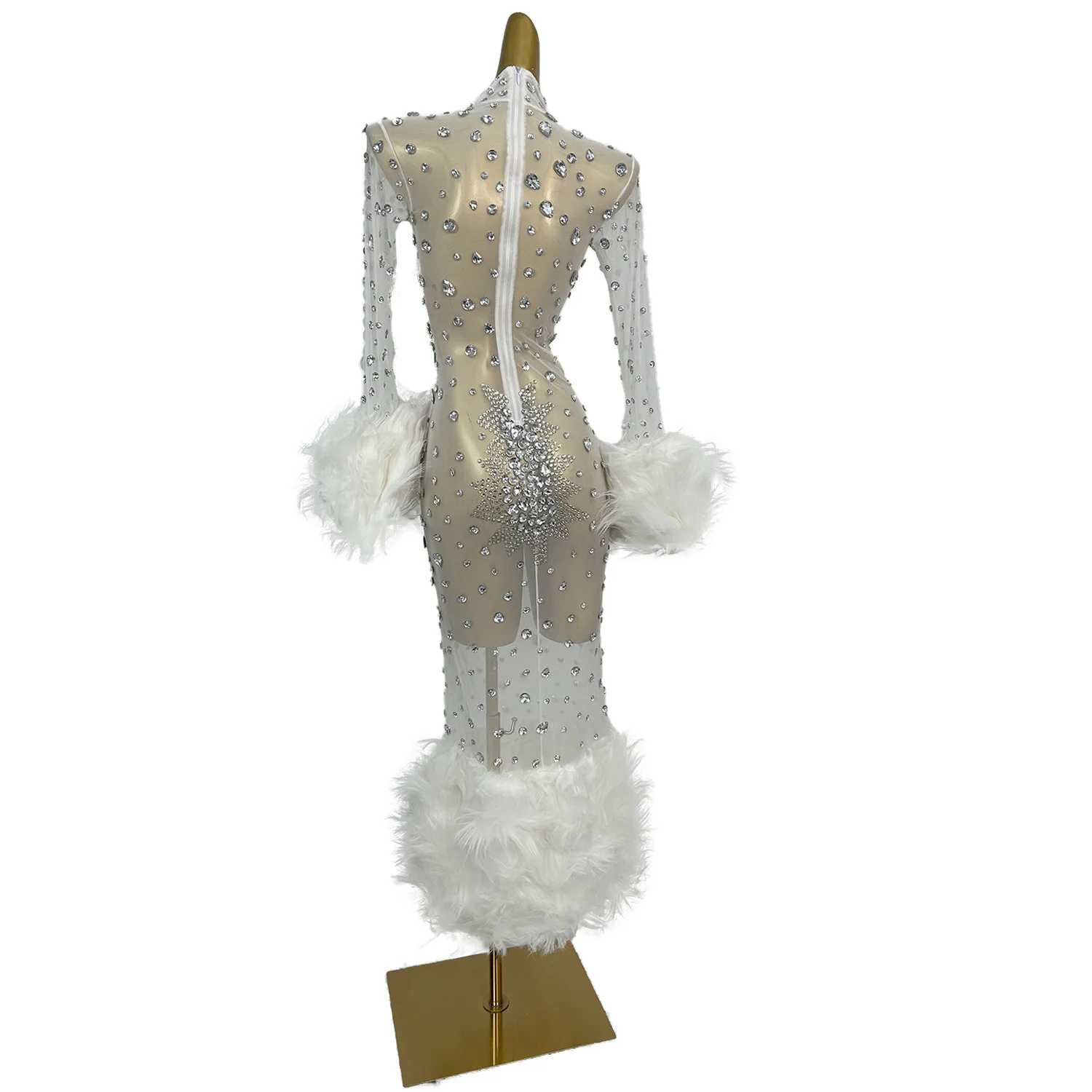 Luksusowa Sukienka Wieczorowa z Cyrkoniami i Futrem, Długa, na Imprezę, Uroczystość, Strój Klubowy, Suknia na Kolację, Sukienka dla Piosenkarki, Sukienka na Bal, Dopasowana Sukienka