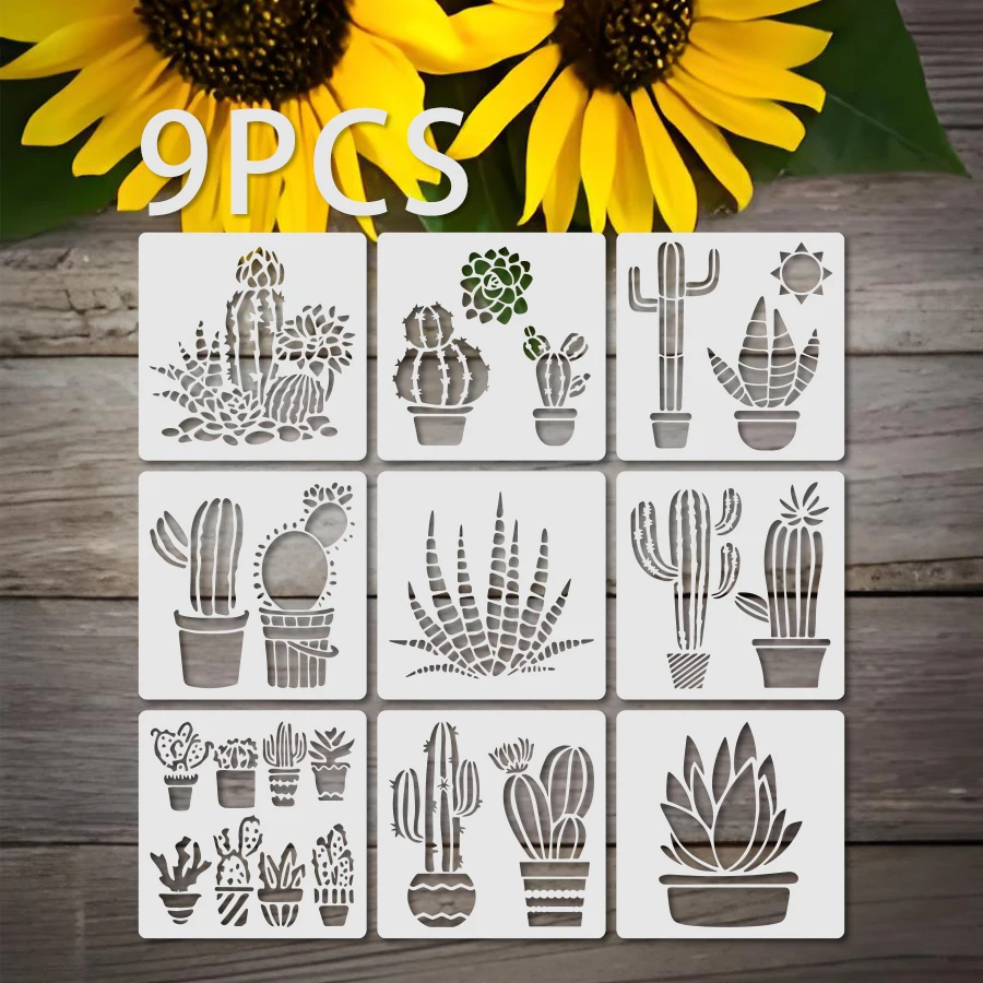 Juego de 9 Plantillas de Cactus de 5.9 Pulgadas, Plantillas de Plantas Suculentas para Pintar, para Decoración de Paredes y Muebles DIY