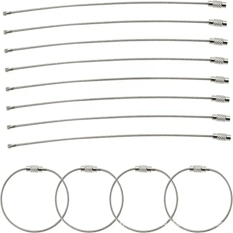 30 peças 10/15/20cm chaveiro etiqueta cordas fio de aço inoxidável cabo laço parafuso bloqueio gadget anel chaveiro círculo acampamento ferramenta de suspensão