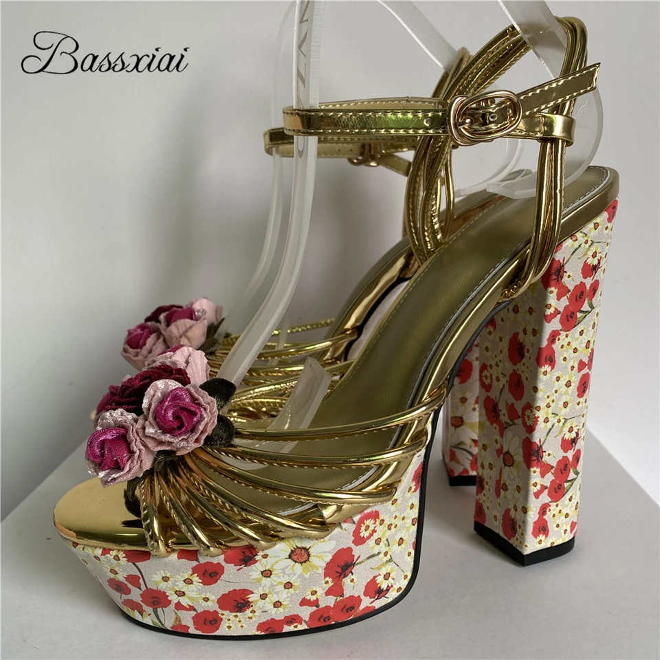 

Print High Platform Modern Sandals Women Chunky Heel Sexy Narrow Band Handmade Rose Flower Ankle Strap Summer Shoes