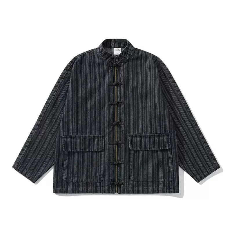 

Spring New Chinese Style Buckle Denim Jacket Retro Washed Ethnic Style Standing Collar Shirts for Men and Women