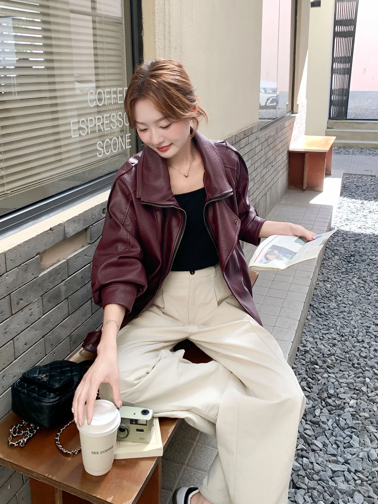 Vino Rosso Cuoio DELL'UNITÀ di elaborazione Jaet delle Donne Allentato Casual Sle Primavera Autunno Cappotto Or Alta Quali Sensazione Chiusura Con Cerniera Lungo Sve