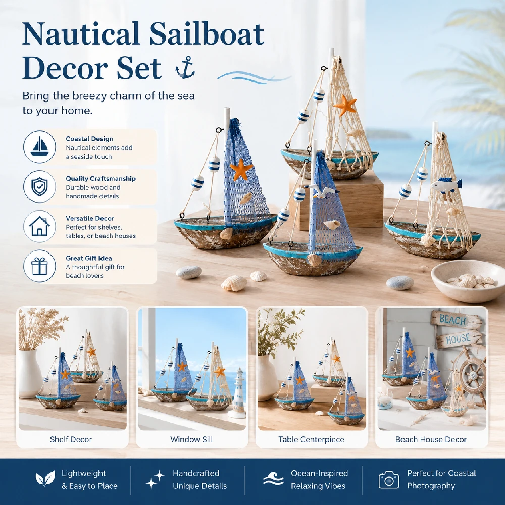 Handmade Wooden Vintage Sailboat Ornament with Shell Starfish Net Rustic Coastal Nautical Decor for Home Office Desk