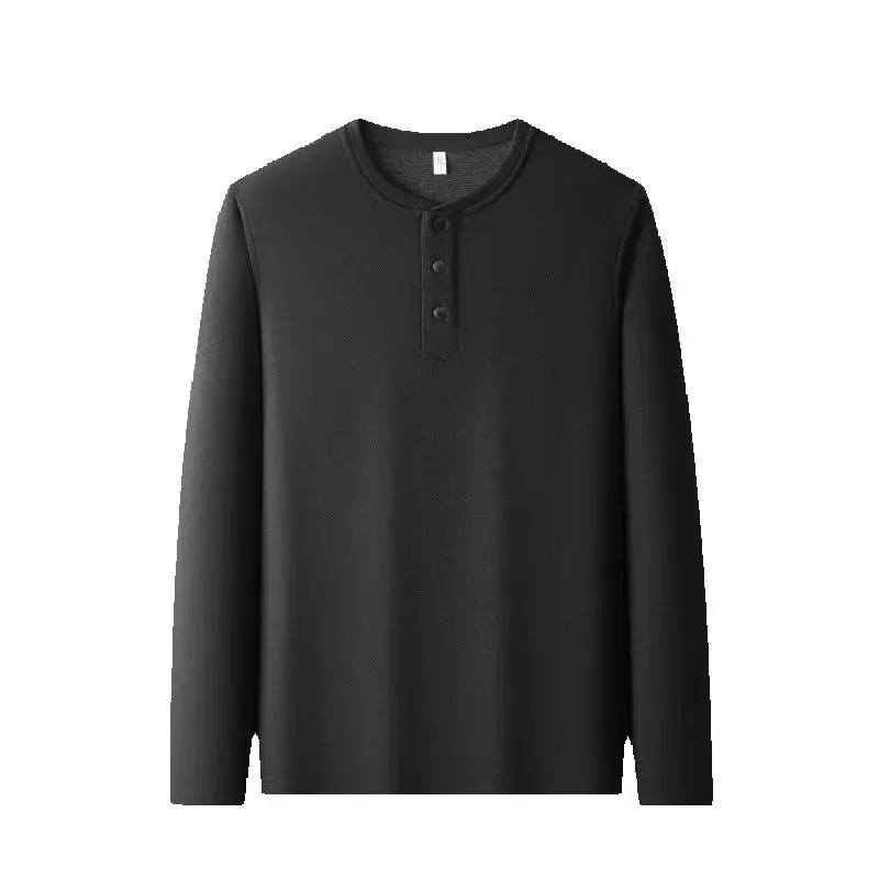 Autumn Winter New Casual Henry Shirt Men Simple Versatile Solid Color Daily Long-sleeved T-shirt Bottoming Tshirt Fashion Tops