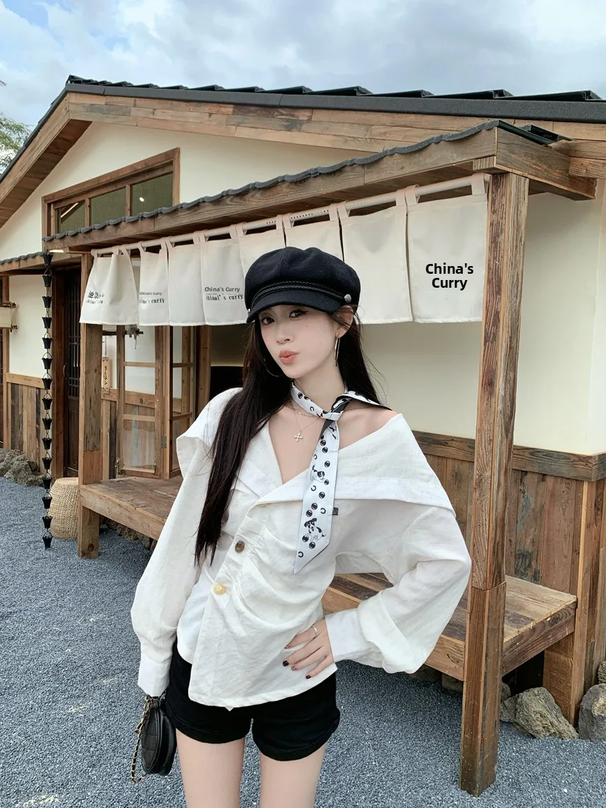 

Elegant Shoulder Bared Long Sleeve Slim Fit Shirt Women's Fashion Spring Youthful Slimming Pleated Top Korean Style Commute